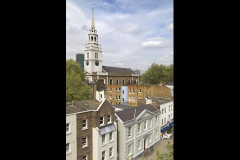 The Marx Memorial Library (centre) on Clerkenwell Green, which housed Lenin’s office c.1900, and St James’ Church, built in 1792.